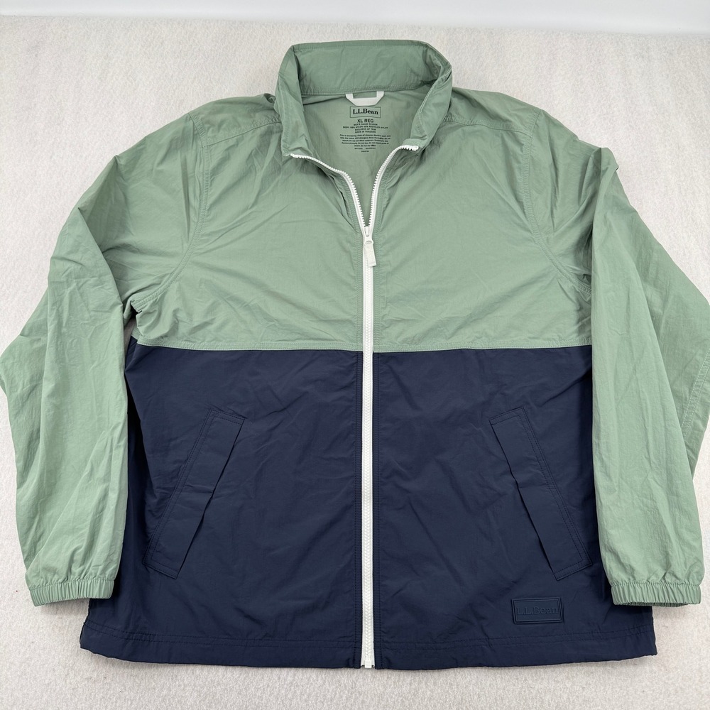 LL Bean Mens XL Nylon Hooded Windbreaker Jacket Green/Navy Colorblock Full Zip